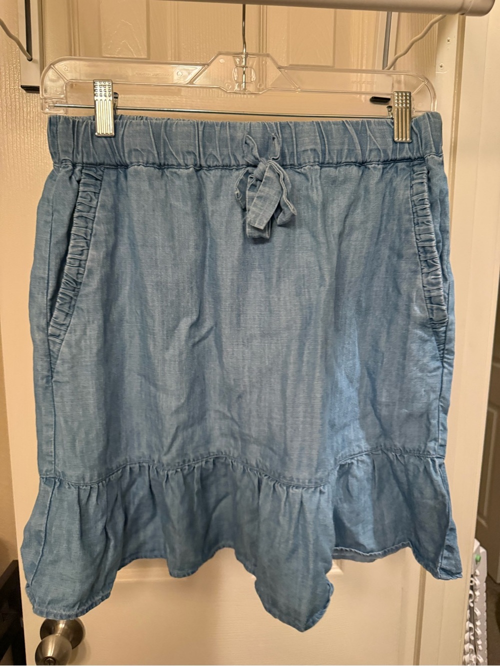 LOFT Light Blue Chambray Ruffle-Hem Skirt